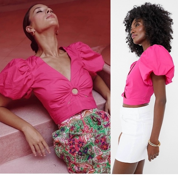 CLEOBELLA Pink Organic Cotton Puff Short Sleeve V-Neck Keyhole Cutout Crop Top M - Picture 2 of 12